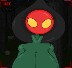 Rule 34 | 1girl, alien, breasts, colored skin, eyelashes, flatwoods monster, forest, green skin, looking at viewer, monster girl, nature, night, recording, rock, solo, tree, yellow eyes
