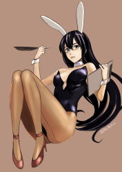Rule 34 | 1girl, alternate costume, animal ears, back-seamed legwear, bad id, bad pixiv id, bare shoulders, black-framed eyewear, black hair, black leotard, blue eyes, breasts, brown background, brown pantyhose, choker, clipboard, detached collar, fake animal ears, feathers, glasses, high heels, kantai collection, leotard, long hair, looking at viewer, ooyodo (kancolle), pantyhose, parted lips, playboy bunny, quill, rabbit ears, rabbit tail, seamed legwear, simple background, small breasts, solo, strapless, strapless leotard, tail, takano masayuki, wrist cuffs