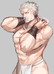 Rule 34 | 10s, 1boy, beard, earrings, facial hair, fundoshi, granblue fantasy, grey background, haneten kagatsu, japanese clothes, jewelry, looking at viewer, male focus, male underwear, manly, muscular, old, old man, ponytail, solo, soriz, white hair, white male underwear
