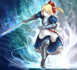 Rule 34 | 1girl, :&lt;, apron, armor, blonde hair, blue background, blue eyes, bow, breastplate, colorized, couter, dress, female focus, furim, gauntlets, gradient background, greaves, hair bow, head tilt, highres, kirio (ccr00235), leg up, light trail, long hair, looking at viewer, ponytail, puffy sleeves, scabbard, shanghai doll, sheath, solo, standing, standing on one leg, sword, touhou, unsheathed, waist apron, weapon