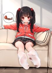 Rule 34 | 1girl, absurdres, black hair, black skirt, blush, comodomodo, couch, cup, feet, foot focus, hair bobbles, hair ornament, highres, indoors, jacket, legs, long hair, looking at viewer, lulla (comodomodo), no shoes, orange jacket, original, outstretched arms, panties, panty peek, pantyshot, pleated skirt, red eyes, sitting, skirt, socks, soles, solo, speech bubble, spill, teacup, thighs, toes, twintails, underwear, upskirt, white panties, white socks