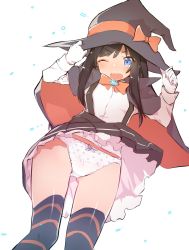 Rule 34 | asashio (kancolle), black hair, black thighhighs, blue eyes, bow, bow panties, bowtie, caburi, commentary request, frilled skirt, frills, gloves, halloween, halloween costume, hat, highres, kantai collection, long hair, long sleeves, one eye closed, open mouth, orange bow, orange ribbon, panties, ribbon, shirt, simple background, skirt, solo, striped clothes, striped thighhighs, suspenders, thighhighs, underwear, white background, white gloves, white shirt, witch, witch hat