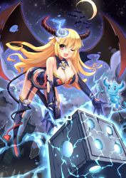 Rule 34 | 1girl, black gloves, blonde hair, blush, breasts, cleavage, demon girl, demon horns, demon tail, demon wings, elbow gloves, fang, garter straps, gloves, horns, large breasts, looking at viewer, night, one eye closed, open mouth, original, qihai lunpo, red eyes, smile, solo, tail, thighhighs, torn clothes, torn thighhighs, wings