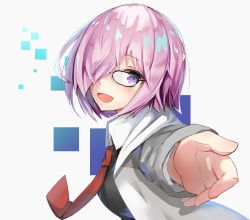 Rule 34 | 1girl, :d, black-framed eyewear, blush, fate/grand order, fate (series), from side, grey background, hair over one eye, highres, hood, hoodie, kiomota, looking at viewer, mash kyrielight, necktie, open mouth, outstretched arm, purple eyes, purple hair, red necktie, short hair, smile, solo, upper body