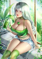 Rule 34 | 1girl, absurdres, bare arms, bare shoulders, blue shorts, blurry, bracelet, breasts, bubble tea, choker, cleavage, crop top, cup, cutoffs, denim, denim shorts, depth of field, disposable cup, earrings, glint, green choker, green shirt, green theme, green thighhighs, heart, highres, holding, jewelry, large breasts, licking lips, long hair, looking at viewer, micro shorts, midriff, navel, necklace, open mouth, original, potetos7, red eyes, shirt, shorts, sitting, sleeveless, sleeveless shirt, solo, spaghetti strap, stomach, thighhighs, thighs, tongue, tongue out, white hair