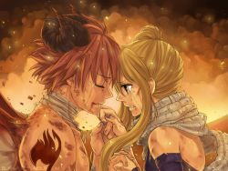 Rule 34 | 1boy, 1girl, artist name, bandages, blonde hair, blood, blood on face, clenched teeth, crying, crying with eyes open, cuts, demon horns, demon wings, embers, closed eyes, fairy tail, from side, grace tran, holding hands, hetero, highres, horns, injury, looking at another, lucy heartfilia, nail polish, natsu dragneel, orange hair, parted lips, profile, purple nails, scarf, short hair, smoke, tattoo, tears, teeth, upper body, watermark, web address, white scarf, wings, yellow eyes