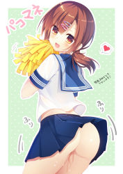 Rule 34 | 1girl, :d, ass, ass shake, asymmetrical bangs, blue skirt, blush, brown hair, cheerleader, commentary request, contrapposto, cowboy shot, eyelashes, from behind, hair ornament, hairclip, heart, heart background, highres, holding, humuyun, japanese clothes, long hair, looking at viewer, looking back, low ponytail, motion lines, no panties, open mouth, original, pleated skirt, pom pom (cheerleading), pussy juice, red eyes, school uniform, serafuku, shirt, short sleeves, skirt, smile, solo, sparkle, speech bubble, spoken heart, standing, suggestive fluid, sweat, upskirt, white shirt