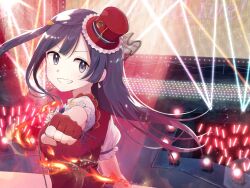 Rule 34 | 1girl, black hair, chase! (love live!), clenched hand, earrings, fingerless gloves, fire, gloves, glowstick, grey eyes, hair between eyes, hat, jacket, jewelry, long hair, looking at viewer, love live!, love live! nijigasaki high school idol club, mini hat, one side up, penlight (glowstick), red gloves, red hat, red jacket, short sleeves, sidelocks, smile, solo, stage, stage lights, tilted headwear, triangle earrings, upper body, v-shaped eyebrows, watanabe nako, yuki setsuna (love live!)