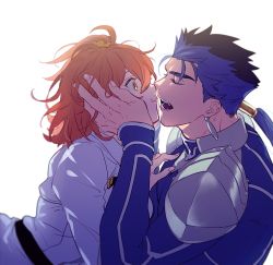 Rule 34 | 1boy, armor, backlighting, belt, blue bodysuit, blue hair, bodysuit, brown hair, chaldea uniform, cheek squash, cu chulainn (fate), earrings, closed eyes, facing another, fate/grand order, fate/stay night, fate (series), fujimaru ritsuka (female), hair strand, hetero, jewelry, cu chulainn (fate/stay night), long hair, looking at another, pauldrons, ponytail, shirt, short hair, shoulder armor, simple background, thick eyebrows, uni (nico02), upper body, white background, white shirt, yellow eyes