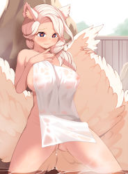 Rule 34 | 1girl, absurdres, animal ear fluff, animal ears, bad id, bad pixiv id, bath, blonde hair, blue eyes, blush, breasts, closed mouth, collarbone, commentary request, covered erect nipples, covering privates, day, heart, heart-shaped pupils, highres, kneeling, korean commentary, large breasts, long hair, looking at viewer, naked towel, nude cover, onsen, original, outdoors, parted bangs, pussy juice, secretbusiness, smile, solo, symbol-shaped pupils, tail, towel, tree, wading, white towel