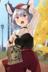 Rule 34 | 1girl, alternate costume, animal ears, ari don, autumn leaves, black shirt, blush, breasts, commentary request, contemporary, cowboy shot, crystal, day, grey hair, highres, jewelry, lamppost, looking at viewer, mouse ears, mouse girl, nazrin, open mouth, outdoors, path, pendant, red eyes, red skirt, road, see-through, see-through shirt, shirt, short hair, skirt, small breasts, solo, starbucks, touhou, tree, white shirt
