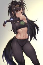 Rule 34 | 10s, 1girl, animal ears, black gloves, black hair, black pantyhose, black sports bra, breasts, bridle, brown eyes, brown thoroughbred (kemono friends), closed mouth, contrapposto, cross-body stretch, dark-skinned female, dark skin, dutch angle, elbow gloves, extra ears, feet out of frame, fingerless gloves, gloves, gradient background, guchico, horse ears, horse girl, horse tail, japan racing association, kemono friends, logo, long hair, looking at viewer, medium breasts, midriff, navel, o-ring, pantyhose, simple background, solo, sports bra, sportswear, standing, stretching, sweat, tail, tsurime, white background, wristband