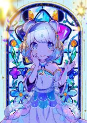 Rule 34 | 1girl, bare shoulders, blue eyes, blue flower, blue hair, closed mouth, cowboy shot, crescent, detached sleeves, dress, flower, hand on own cheek, hand on own face, hands up, highres, kiato, looking at viewer, nail polish, orange nails, original, purple flower, short hair, signature, smile, solo, stained glass, standing, star (symbol), white dress, wide sleeves