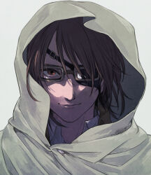 Rule 34 | 1other, androgynous, brown eyes, brown hair, cloak, commentary request, eyepatch, goggles, hange zoe, hood, hooded cloak, mo cha ri, other focus, portrait, shaded face, shingeki no kyojin, smile, solo
