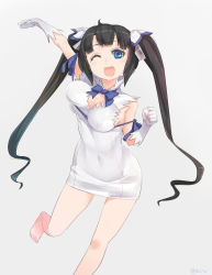 Rule 34 | 1girl, ajino (sakanahen), arm ribbon, arm up, bare shoulders, barefoot, black hair, blue eyes, blue ribbon, blush, blush stickers, bow, bowtie, breasts, cleavage, cleavage cutout, clenched hand, clothing cutout, covered navel, dress, dungeon ni deai wo motomeru no wa machigatteiru darou ka, elbow gloves, gloves, grey background, hair ornament, hair ribbon, hestia (danmachi), large breasts, leg up, long hair, looking at viewer, one eye closed, open mouth, rei no himo, ribbon, short dress, simple background, sleeveless, sleeveless dress, smile, solo, twintails, white dress, white gloves