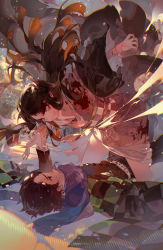 Rule 34 | 1boy, 1girl, asa no ha (pattern), attack, belt, between legs, black hair, blood, blood on clothes, blood on face, brother and sister, brown eyes, brown hair, claw pose, commentary request, crying, cuts, earrings, eye contact, fingernails, hair ribbon, hair slicked back, haori, holding another&#039;s wrist, injury, japanese clothes, jewelry, kamado nezuko, kamado tanjirou, katana, kawacy, kimetsu no yaiba, kimono, kneeling, long hair, long sleeves, looking at another, lying, multicolored hair, obi, off shoulder, on back, orange hair, outstretched arm, purple scarf, ribbon, sad, sash, scarf, sharp fingernails, siblings, side slit, sword, torn clothes, torn kimono, uniform, weapon