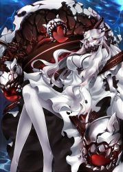 Rule 34 | 10s, 1girl, abyssal ship, breasts, cloud, colored skin, dress, horns, kantai collection, large breasts, lightning, long hair, looking at viewer, midway princess, pokimari, red eyes, solo, very long hair, white dress, white hair, white skin