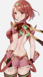 Rule 34 | 1girl, absurdres, ahoge, amayo thranana, ass, ass grab, bare back, blush, breasts, butt crack, deep skin, fingerless gloves, from behind, gloves, highres, looking at viewer, looking back, no bra, open mouth, parted lips, pyra (xenoblade), red eyes, red hair, red shorts, scarf, shiny clothes, shiny skin, short hair, short shorts, shorts, sideboob, solo, thighhighs, xenoblade chronicles (series), xenoblade chronicles 2
