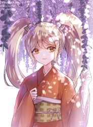 Rule 34 | 1girl, artist name, blonde hair, bow, brown eyes, cat hair ornament, commentary request, danganronpa (series), danganronpa 2: goodbye despair, flower, hair between eyes, hair ornament, japanese clothes, kimono, long hair, long sleeves, looking at viewer, orange kimono, saionji hiyoko, smile, solo, translation request, twintails, wide sleeves, wisteria, z-epto (chat-noir86)