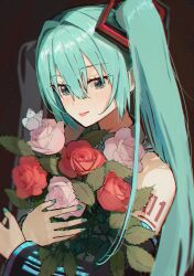 Rule 34 | 1girl, absurdres, aqua eyes, aqua hair, aqua nails, arm tattoo, bare shoulders, black sleeves, bouquet, brown background, bug, butterfly, detached sleeves, flower, hair between eyes, hatsune miku, highres, holding, holding bouquet, insect, light blush, light particles, long hair, looking down, miyononon, number tattoo, red flower, red lips, sidelocks, simple background, smile, solo, tattoo, twintails, very long hair, vocaloid, white flower