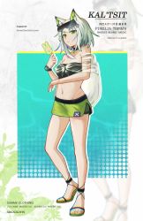 Rule 34 | 1girl, absurdres, animal ears, arknights, bandeau, bare legs, bare shoulders, black choker, breasts, cat ears, character name, choker, commentary request, copyright name, eyewear on head, food, full body, green eyes, green skirt, hand up, highres, holding, holding food, kal&#039;tsit (arknights), looking at viewer, medium breasts, microskirt, midriff, molingxiang chimangguo, navel, off shoulder, official alternate costume, popsicle, sandals, short hair, skirt, solo, standing, stomach, strapless, tube top, white hair, zoom layer