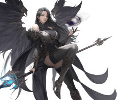 Rule 34 | 1girl, armor, armored dress, bare shoulders, bikini, black dress, black hair, boots, breasts, daeho cha, detached sleeves, dress, earrings, feathered wings, feathers, female focus, floating, glowing, grey eyes, hand up, high heel boots, high heels, highres, holding, holding staff, jewelry, large breasts, leg up, legs together, levitation, long hair, looking at viewer, magic, magic circle, mu origin, parted lips, see-through, simple background, sitting, sitting on object, solo, staff, swimsuit, thigh strap, thighhighs, thighhighs under boots, turtleneck, vambraces, wings, zettai ryouiki