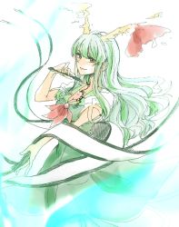 Rule 34 | 1girl, bad id, bad pixiv id, blush, bow, breasts, cleavage, dress, ex-keine, green hair, horn bow, horns, kamishirasawa keine, looking at viewer, medium breasts, paintbrush, red eyes, scroll, smile, solo, souta (karasu no ouchi), touhou