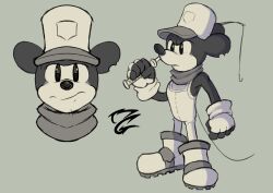 Rule 34 | 1boy, animal ears, animal nose, disney, fishing rod, full body, gloves, greyscale, highres, male focus, megadrivebrad, mickey mouse, monochrome, mouse boy, mouse tail, scarf, simple background, solo, steamboat willie, tail, toon (style), white footwear, white gloves, white headwear