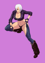 Rule 34 | 1girl, abs, absurdres, angel (kof), black gloves, blue eyes, blush, boots, breasts, chaps, cirenk, cleavage, cowboy boots, crop top, finger to mouth, fingerless gloves, gloves, hair over one eye, hand on own hip, highres, index finger raised, jacket, large breasts, leaning forward, leather, leather jacket, looking at viewer, midriff, navel, open mouth, short hair, smile, snk, solo, teeth, the king of fighters, the king of fighters xv, thighs, toned, tongue, tongue out, upper teeth only