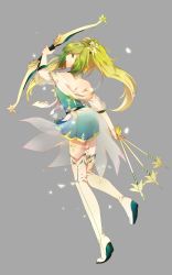Rule 34 | 1girl, absurdres, atalanta (fate), back, bare shoulders, boots, bow (weapon), fate/apocrypha, fate (series), flower, green eyes, green hair, grey background, highres, long hair, see-through, skirt, solo, thigh boots, thighhighs, twintails, weapon