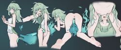 Rule 34 | 1girl, ahoge, all fours, animal ears, anus, ass, bare arms, barefoot, blush, bottomless, chernyyvo, closed eyes, closed mouth, completely nude, cunnilingus, feet, fox ears, green eyes, green hair, green shirt, highres, honkai: star rail, honkai (series), huohuo (honkai: star rail), long hair, nipples, nude, open mouth, oral, pussy, shirt, simple background, sleeveless, sleeveless shirt, soles, tail (honkai: star rail), tongue, tongue out, two-tone shirt, white shirt