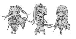 Rule 34 | armor, cape, celica (fire emblem), chibi, dress, earrings, fire emblem, fire emblem: the blazing blade, fire emblem awakening, fire emblem echoes: shadows of valentia, fire emblem heroes, gloves, greyscale, high ponytail, jewelry, kamu (kamuuei), long hair, looking at viewer, lyn (fire emblem), monochrome, multiple girls, nintendo, ponytail, robe, robin (female) (fire emblem), robin (fire emblem), tiara, twintails, weapon