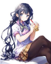 Rule 34 | 1girl, adagaki aki, black bow, black hair, black pantyhose, blue eyes, blunt bangs, blush, bow, bowtie, brown skirt, bubble tea, closed mouth, collared shirt, commentary request, crossed legs, cup, disposable cup, drinking straw, feet out of frame, hair bow, highres, holding, holding cup, long hair, looking at viewer, low twintails, masamune-kun no revenge, miniskirt, pantyhose, plaid, plaid skirt, pleated skirt, school uniform, shirt, short sleeves, simple background, sitting, skirt, smile, solo, striped bow, striped bowtie, striped clothes, striped neckwear, takenoko no you, tareme, twintails, two-handed, white background, white shirt