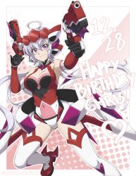 Rule 34 | 1girl, absurdres, ahoge, aiming, aiming at viewer, bare shoulders, blush, breasts, chuunioniika, covered navel, dated, dual wielding, elbow gloves, gloves, gun, handgun, happy birthday, headgear, highres, holding, large breasts, leotard, light purple hair, long hair, looking at viewer, low twintails, purple eyes, red leotard, revolver, scrunchie, senki zesshou symphogear, shiny skin, smile, solo, thighhighs, twintails, weapon, white thighhighs, yukine chris