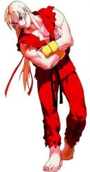 Rule 34 | 1990s (style), 1boy, armor, barefoot, bengus, blonde hair, blue eyes, capcom, crossed arms, dougi, eyebrows, hair ribbon, japanese armor, ken masters, kote, long hair, male focus, muscular, official art, ponytail, ribbon, smile, solo, street fighter, thick eyebrows, torn clothes, torn sleeves, x-men vs street fighter
