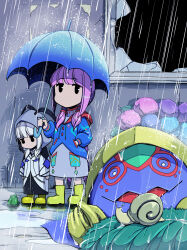 Rule 34 | 2girls, arms at sides, black dress, black eyes, blue flower, blue jacket, boots, broken window, cevio, chibi, commentary, creature, day, dress, dual persona, fish, flower, frog, full body, grey dress, hair tubes, height difference, highres, holding, holding umbrella, hood, hood down, hood up, hydrangea, jacket, jitome, kaf (kamitsubaki studio), kafu (cevio), kamitsubaki studio, kyouyama (kuromon), laplace (kamitsubaki studio), long hair, long sleeves, looking at animal, looking at another, looking down, low twintails, multiple girls, no mouth, outdoors, pink flower, pink hair, puddle, puffy long sleeves, puffy sleeves, purple flower, rain, raincoat, rubber boots, shadow, snail, twintails, umbrella, virtual youtuber, white hair, white jacket