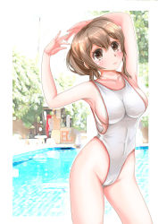 Rule 34 | 1girl, armpits, arms up, blush, breasts, brown hair, cameltoe, cleavage, competition swimsuit, long hair, looking at viewer, mashinatsu, one-piece swimsuit, original, ponytail, reiji-sss, short hair, sideboob, smile, standing, stretching, swimsuit