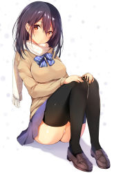Rule 34 | 1girl, ass, black thighhighs, blue bow, blue bowtie, blue skirt, blush, bow, bowtie, breasts, brown footwear, closed mouth, eyebrows, frown, full body, hair between eyes, hands on own knees, head tilt, knees up, large breasts, loafers, long hair, looking at viewer, mataro (matarou), miniskirt, orange eyes, original, panties, pantyshot, plaid, plaid scarf, pleated skirt, purple hair, scarf, shoes, sitting, skirt, solo, striped bow, striped bowtie, striped clothes, striped neckwear, sweater, thighhighs, thighs, two-tone background, underwear, white panties, white scarf