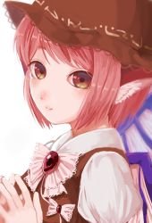 Rule 34 | 1girl, animal ears, bob cut, bow, brooch, brown eyes, brown hat, closed mouth, collared shirt, from side, hat, jewelry, lace-trimmed bow, lace-trimmed hat, lace trim, looking at viewer, mystia lorelei, pink bow, pink hair, puffy short sleeves, puffy sleeves, shirt, short hair, short sleeves, simple background, smile, solo, touhou, upper body, vippest, white background, white shirt