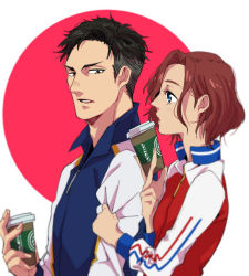 Rule 34 | 1boy, 1girl, bad id, bad pixiv id, black hair, blue eyes, brown eyes, coffee cup, con potata, cup, disposable cup, jacket, mila babicheva, open mouth, otabek altin, red hair, track jacket, yuri!!! on ice