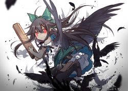 Rule 34 | 1girl, ahoge, arm cannon, ass, bandaged leg, bandages, bare shoulders, bird, bird wings, black bird, black footwear, black skirt, black thighhighs, black wings, blue shirt, blurry, blush, bow, brown hair, closed mouth, clothing cutout, crow, dated, depth of field, feathers, foot out of frame, frilled shirt, frilled skirt, frilled sleeves, frills, gradient background, green bow, green skirt, grey background, hair between eyes, hair bow, hair ornament, long hair, looking at viewer, midair, midriff peek, multicolored clothes, multicolored shirt, multicolored skirt, own hands together, red eyes, reiuji utsuho, shirt, short sleeves, shoulder cutout, sidelocks, signature, skirt, smile, solo, split mouth, straight hair, subterranean animism, thighhighs, third eye, touhou, toutenkou, underskirt, v-shaped eyebrows, very long hair, weapon, white background, white shirt, wings
