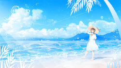 Rule 34 | 1girl, arm behind back, arm up, barefoot, beach, black hair, blue sky, blue theme, bubble, cloud, cloudy sky, collared shirt, craft-cs, hat, hat ribbon, leaf, long hair, original, plant, pleated skirt, red ribbon, ribbon, shadow, shirt, short sleeves, skirt, sky, solo, walking, water, white shirt, white skirt, wide shot