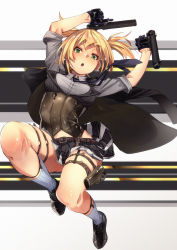 Rule 34 | 1girl, arms up, black footwear, black gloves, black jacket, blonde hair, blouse, blush, bolt action, braid, breasts, closed mouth, collared shirt, corset, dual wielding, fu-ta, full body, girls&#039; frontline, gloves, green eyes, grey shirt, gun, half gloves, handgun, holding, holding gun, holding weapon, holster, integral suppressor, integrally-suppressed firearm, jacket, jacket on shoulders, jumping, legwear garter, loafers, looking at viewer, manual firearm, medium breasts, necktie, open mouth, pinstripe pattern, pinstripe vest, shirt, shoes, short hair, sidelocks, skirt, sleeves rolled up, socks, solo, striped clothes, striped skirt, striped vest, suppressor, thigh holster, thigh strap, twintails, vest, weapon, welrod, welrod mk ii, welrod mkii (girls&#039; frontline)