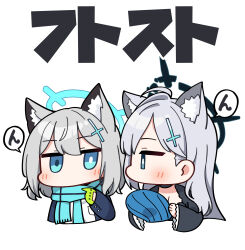 Rule 34 | 2girls, animal ear fluff, animal ears, aqua scarf, balaclava, black choker, black dress, blue archive, blue eyes, blush, breasts, buttoned cuffs, buttons, chibi, choker, cleavage, commentary, cropped torso, cross hair ornament, dress, gloves, green gloves, grey hair, hair between eyes, hair ornament, halo, highres, holding, jacket, junsuina fujunbutsu, long hair, long sleeves, medium breasts, mismatched pupils, multiple girls, no mouth, scarf, shiroko (blue archive), shiroko terror (blue archive), shirt, simple background, translation request, upper body, white background, white shirt