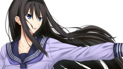 Rule 34 | 1girl, black hairband, blue eyes, blue sailor collar, brown hair, floating hair, grey shirt, hair between eyes, hairband, highres, long hair, long sleeves, neckerchief, open mouth, outstretched arm, purple neckerchief, sailor collar, sebire, shirt, simple background, solo, tohno akiha, tsukihime, upper body, very long hair, white background