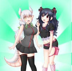 Rule 34 | absurdres, bare shoulders, black hair, breasts, crop top, dress, happy, highres, horns, kiwipoku, leggings, long hair, medium breasts, navel, neptune (series), open mouth, orange eyes, ponytail, red eyes, shorts, skirt, small breasts, thighhighs, thighs, tsundere, twintails, two side up, uni (neptunia), v, white hair