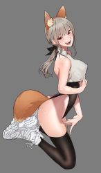 Rule 34 | 1girl, animal ears, bare shoulders, blush, breasts, covered erect nipples, from side, full body, fur, grey background, grey hair, jumping, k52, large breasts, medium hair, open mouth, original, ponytail, shoelaces, shoes, simple background, sleeveless, smile, solo, sweat, tail, teeth, thighhighs, tongue, white footwear