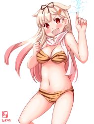 Rule 34 | 1girl, animal print, artist logo, bikini, blonde hair, breasts, cleavage, commentary request, cosplay, dated, electricity, gradient hair, hair flaps, hair ribbon, highres, kanon (kurogane knights), kantai collection, long hair, looking at viewer, lum, lum (cosplay), medium hair, messy hair, multicolored hair, navel, ribbon, scarf, simple background, solo, swimsuit, tiger print, tiger stripes, urusei yatsura, white background, white scarf, yellow bikini, yuudachi (kancolle)