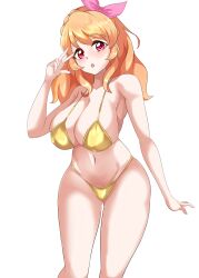Rule 34 | 1girl, :d, absurdres, aikatsu!, aikatsu! (series), arm up, bikini, blush, bow, braid, breasts, crown braid, eine (ein-faust), gold bikini, golden week, highres, large breasts, long hair, looking at viewer, open mouth, ozora akari, pink bow, pink eyes, smile, solo, stomach, swimsuit, thighs, white background