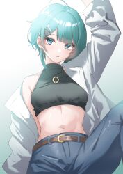 Rule 34 | 1girl, ahoge, aizawa kazuha, aqua background, arm behind back, arm up, assault lily, belt, belt buckle, black shirt, blue eyes, blue hair, blue pants, blunt bangs, breasts, brown belt, buckle, commentary request, cowboy shot, crop top, gradient background, hair ornament, hairclip, highres, houji tea latte, invisible chair, jewelry, knee up, long sleeves, looking at viewer, medium breasts, midriff, navel, necklace, off shoulder, open clothes, open shirt, pants, parted lips, pendant, shirt, short hair, single bare shoulder, sitting, sleeveless, sleeveless shirt, solo, stomach, white background, white shirt